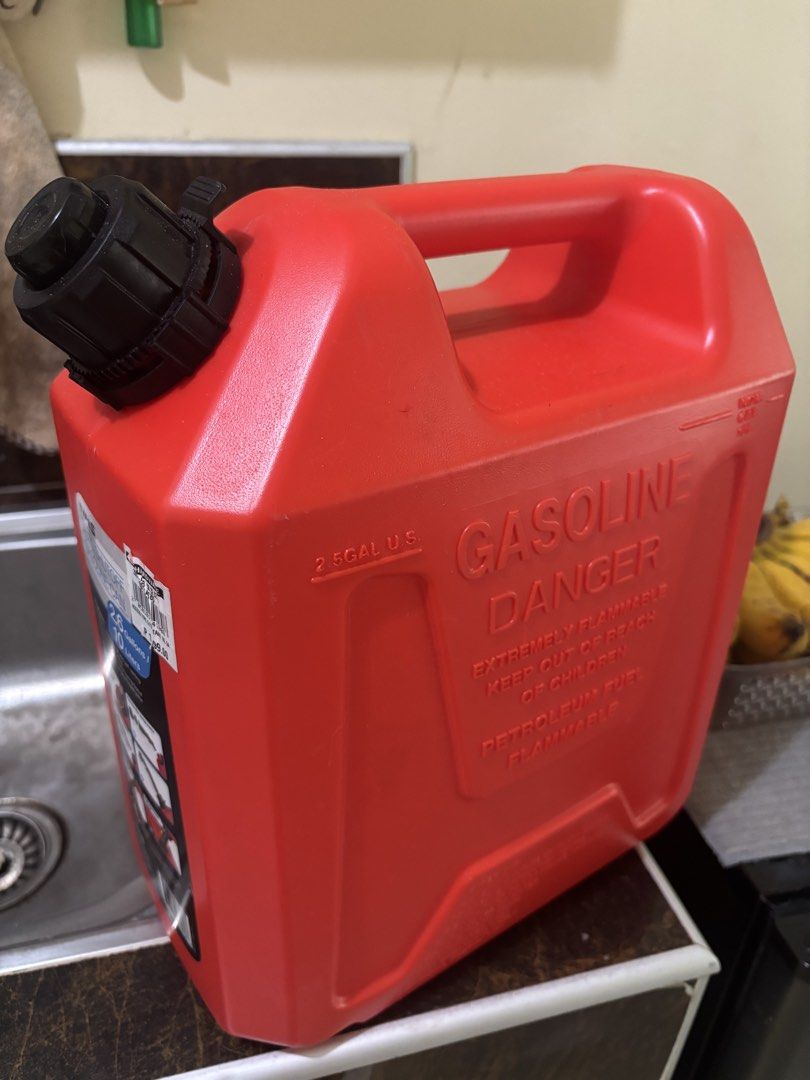 Gasoline can / container (Category: Maintenance Fluids and Filters) located in Manila. Submitted by jobithings (Listing ID 1466215260, Image 2). Description: Ace hardware gasoline can / countainer 2.6 gal/ 10 litters Features: • Ergonomic handle design and self-venting mechanism for safer fueling • Spill Proof, Durable Vented Pouring Spout • UV Resistance High Density Polyethylene.
