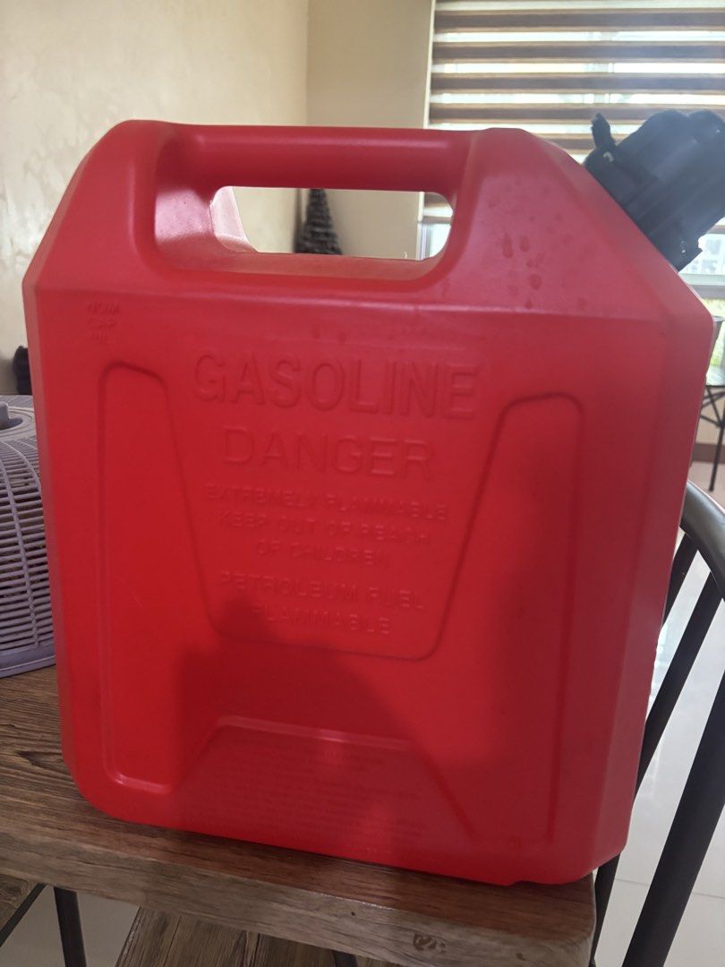 Gasoline can / container (Category: Maintenance Fluids and Filters) located in Manila. Submitted by jobithings (Listing ID 1466215260, Image 3). Description: Ace hardware gasoline can / countainer 2.6 gal/ 10 litters Features: • Ergonomic handle design and self-venting mechanism for safer fueling • Spill Proof, Durable Vented Pouring Spout • UV Resistance High Density Polyethylene.