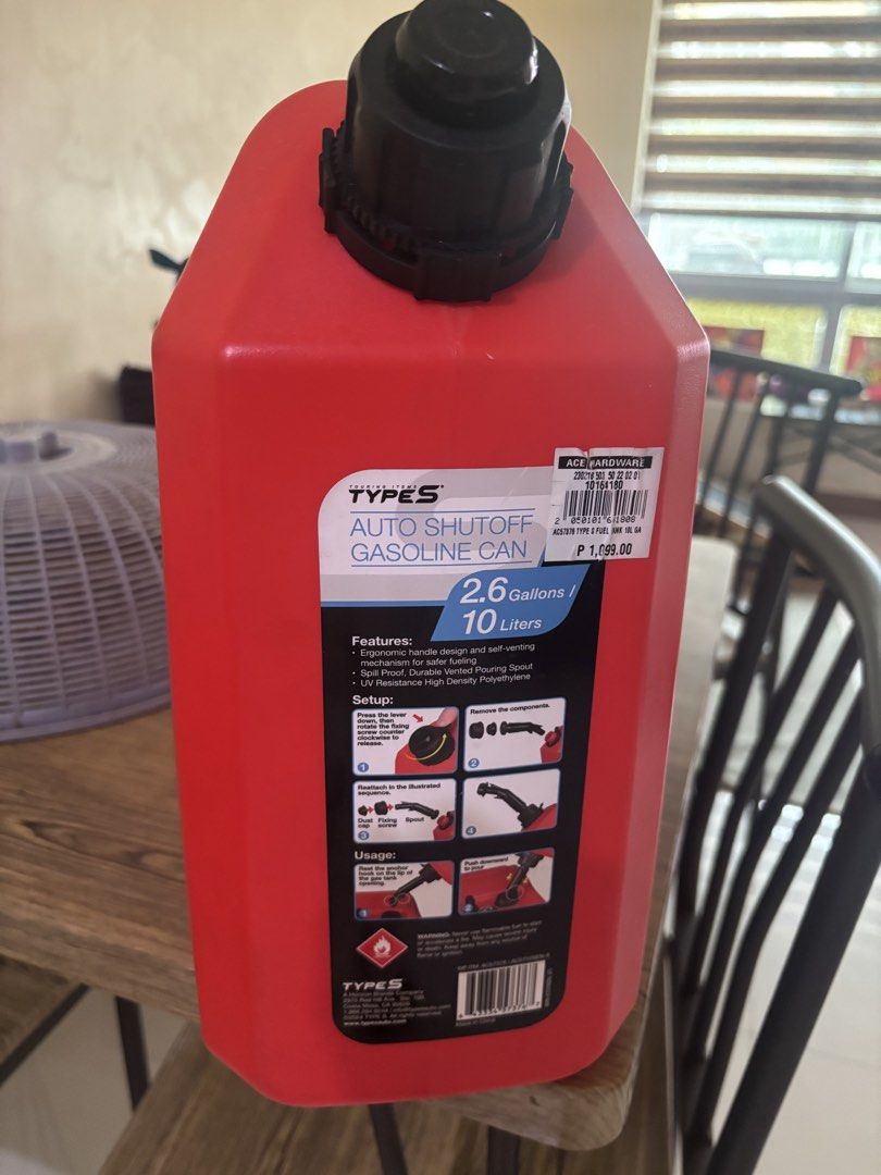 Gasoline can / container (Category: Maintenance Fluids and Filters) located in Manila. Submitted by jobithings (Listing ID 1466215260, Image 1). Description: Ace hardware gasoline can / countainer 2.6 gal/ 10 litters Features: • Ergonomic handle design and self-venting mechanism for safer fueling • Spill Proof, Durable Vented Pouring Spout • UV Resistance High Density Polyethylene.