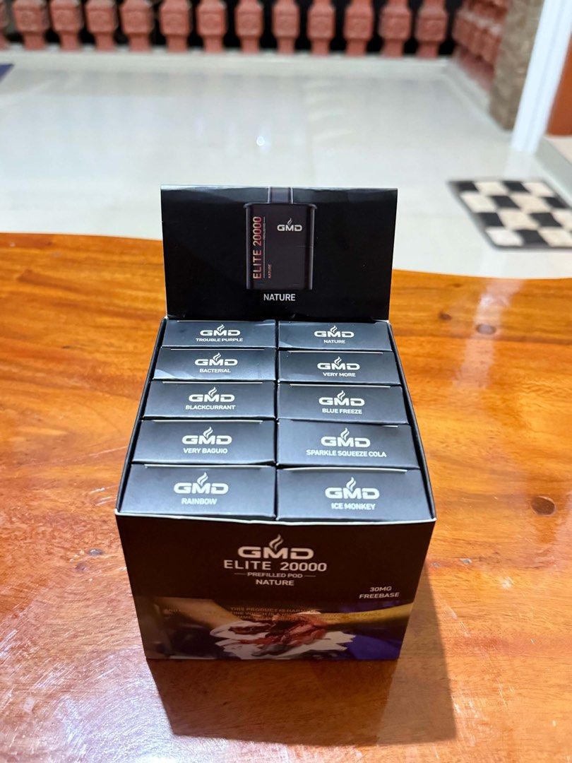 GMD Elite 20000 Prefilled Pods & GMD Device (Category: Other Gadgets) located in Manila. Submitted by safewater_c0c0ca (Listing ID 1466301512, Image 1). Description: - GMD Elite 20000 full display box in - Includes rechargeable device and prefilled pods - Wholesale / Bulk Orders - Available flavors: Trouble Purple, Bacterial, Blackcurrant, Very Bagui, Rainbow, Nature, Very More, Blue Freeze, Sparkle Squeeze Cola, and Ice Monkey - Perfect for rese