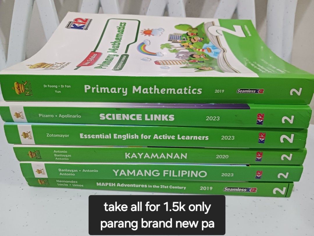 Grade 2 School Textbook Bundle K-12 (Category: Textbooks) located in Taguig. Submitted by l.a.8 (Listing ID 1466219832, Image 1). Description: - Bundle of 6 Grade 2 textbooks - Includes: Primary Mathematics, Science Links, Essential English, Kayamanan (AP), Yamang Filipino, and MAPEH Adventures - Bonus: Has unused activity pages inside - Complete set for only ₱1,500 - Great value for parents and students -no return/exchange once paid. -no reserva