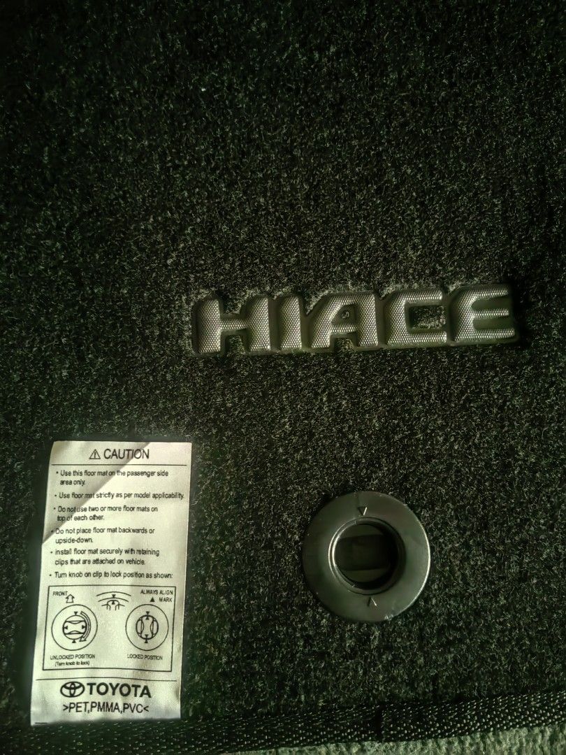 Grandia Elite matting stock (Category: Upholstery, Seatcovers and Other Interior Parts and Accessories) located in Makati City. Submitted by donald1983 (Listing ID 1466160785, Image 3). Description: - Compatible Model: Toyota Hiace Grandia Elite stock matting - Color: Black - Set Includes: Front mats with HIACE logo and secure clip holes, plus full cabin runner matting - Material: Durable automotive-grade carpet/matting - Condition: Brand new sto