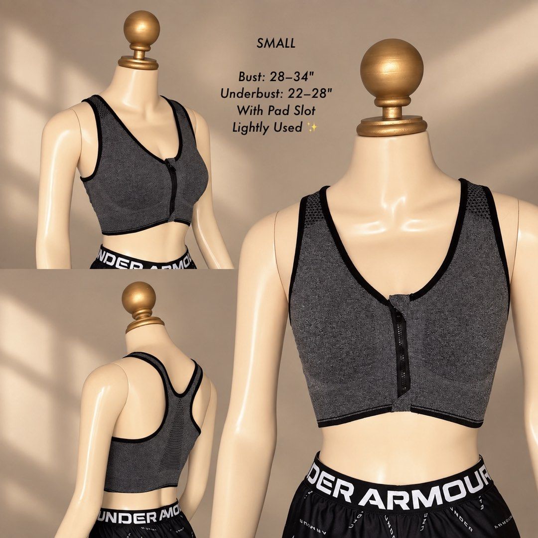 GRAY & BLACK SPORTS BRA | Small (Category: Activewear) located in Manila. Submitted by meisu_mnl (Listing ID 1466282855, Image 1). Description: GRAY & BLACK SPORTS BRA 🖤 Size: Small Condition: Lightly Used ✨ Bust: 28–34" Underbust: 22–28" • With pad slot • Front zipper closure • Racerback design • Breathable mesh detail • Stretchy & comfortable • Great for workouts & activewear Actual item photos posted. Please check measurements before buying. 