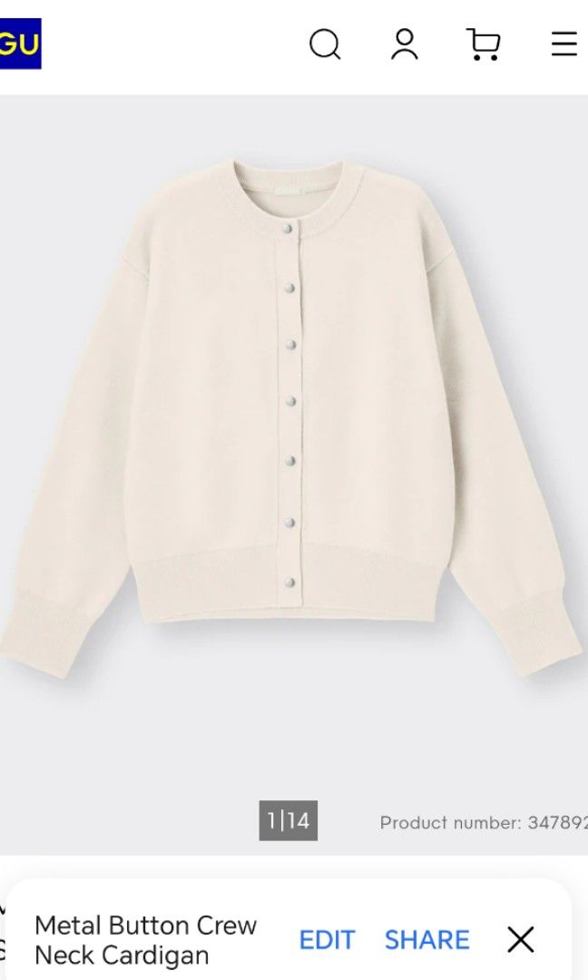 Gu buttondown cardigan (Category: Coats, Jackets and Outerwear) located in Angeles City. Submitted by angelcloset141989 (Listing ID 1466182977, Image 1). Description: Size : large Width : 22 Length : 22 Condition : 10/10 Location : pampanga.