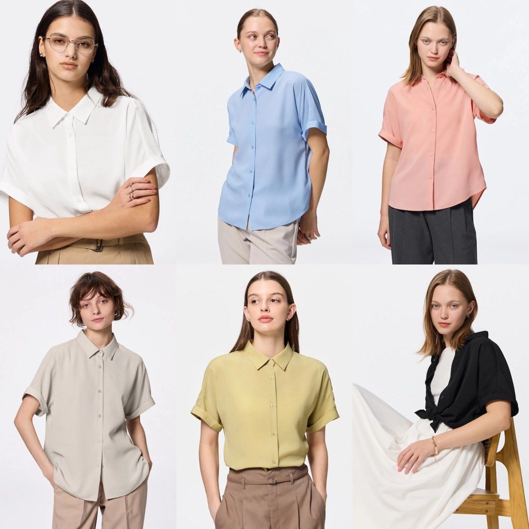 GU Drape Shirt (Category: Shirts) located in Dasmarinas. Submitted by fermosaclothing (Listing ID 1466166359, Image 1). Description: - Brand: GU - Color: Light Green - Size: S - Material: Lightweight polyester (Made in Indonesia) - Sleeve: Short sleeves with stylish folded cuffs - Details: Classic collar, front button closure, curved hemline - Condition: Excellent, buyer-friendly piece for everyday wear.
