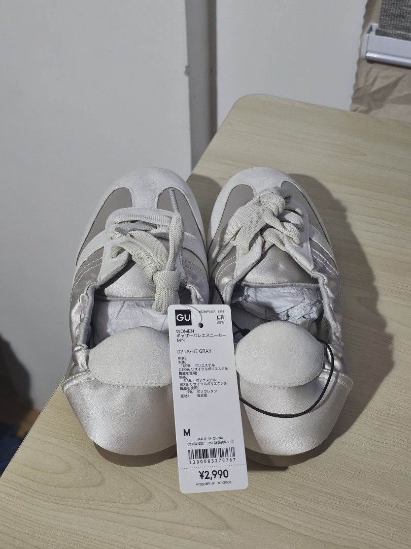 GU Gathered Ballet Sneakers Size M 23.5 (Category: Sneakers) located in Paranaque City. Submitted by mab.villareal (Listing ID 1466201895, Image 1). Description: - Brand: GU (Gather Ballet Sneaker) - Color: Light gray satin with white laces and gum soles - Size: M (fits 23.5 cm) - Condition: Brand new with tags (BNWT), never worn - Original Price: 2,990 yen.