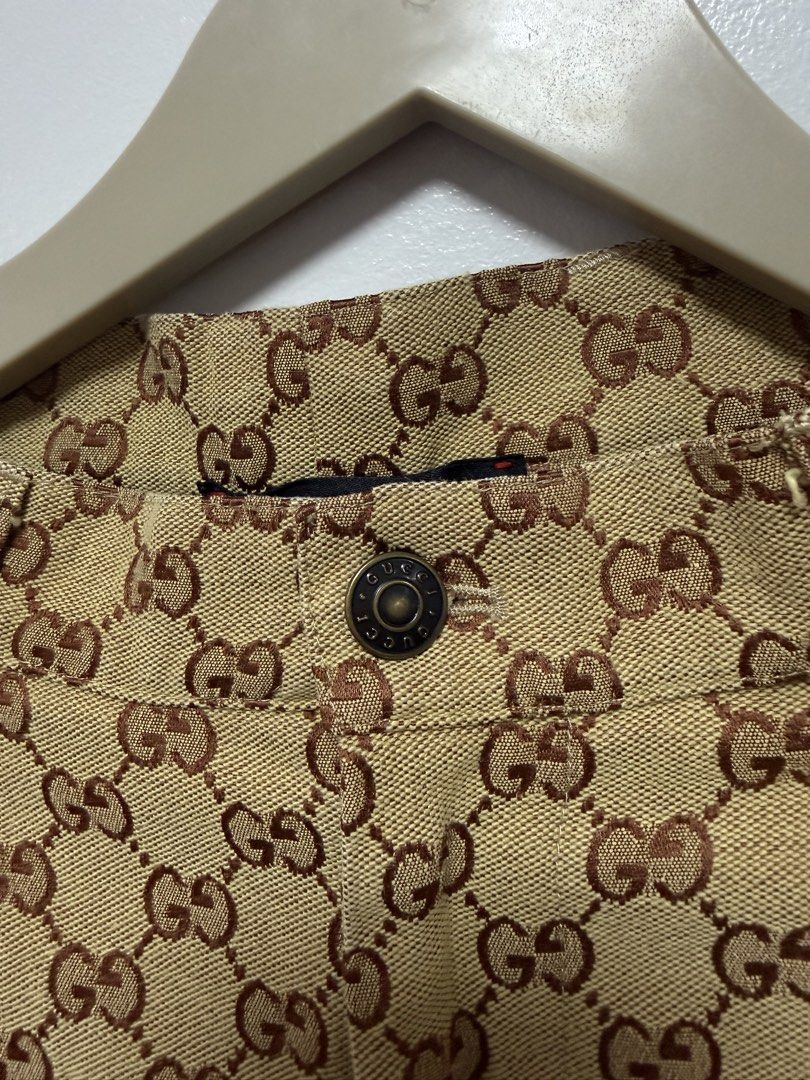 Gucci GG Monogram Orgasmique Canvas Shorts (Category: Shorts) located in Cauayan City . Submitted by msdianavarro (Listing ID 1466320971, Image 3). Description: Gucci GG Canvas Shorts from the iconic "Orgasmique" collection. Featuring the classic all-over beige/brown GG supreme monogram pattern and accented by the signature red statement patch on the lower leg. Excellent structured fit that elevates any streetwear or luxury casual outfit..