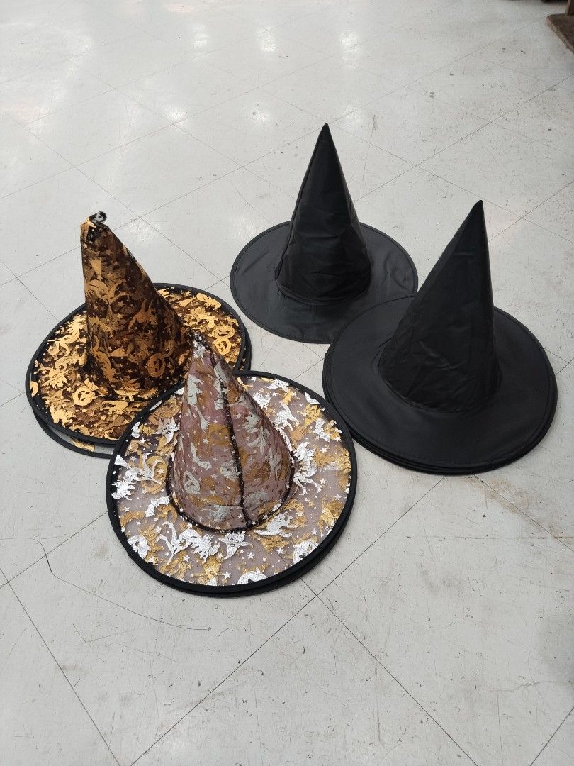 Halloween Witch Hats Bundle Set of Four (Category: Caps & Hats) located in Manila. Submitted by zdmal (Listing ID 1466183545, Image 3). Description: - Set of 4 unique witch hats - Includes 2 plain black shiny fabric hats - 1 gold and black patterned hat - 1 silver and gold patterned hat with sheer mesh brim - Perfect for Halloween costumes or party decor - Sold as a set only - Pick-up or delivery options available.