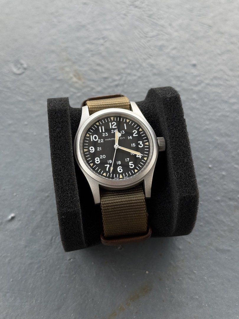 Hamilton Khaki Field 38mm (Category: Men's Watches) located in Quezon City. Submitted by kevinstv3191 (Listing ID 1466193323, Image 2). Description: Selling my pre-loved Hamilton Khaki Field 38mm (2nd owner) - With Box and Papers RFS: Upgrading to 36mm Khaki Field 250th year special edition. Issues: - Box, medyo nalusaw yung leather dahil nakatago sa drawer na medyo mainit. (From the original owner) - Small hairline scratch on the crystal - Small