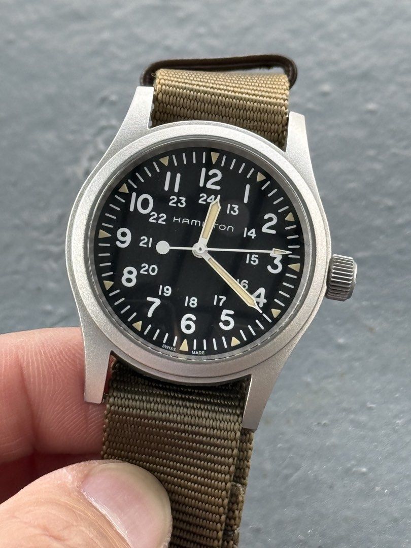 Hamilton Khaki Field 38mm (Category: Men's Watches) located in Quezon City. Submitted by kevinstv3191 (Listing ID 1466193323, Image 1). Description: Selling my pre-loved Hamilton Khaki Field 38mm (2nd owner) - With Box and Papers RFS: Upgrading to 36mm Khaki Field 250th year special edition. Issues: - Box, medyo nalusaw yung leather dahil nakatago sa drawer na medyo mainit. (From the original owner) - Small hairline scratch on the crystal - Small