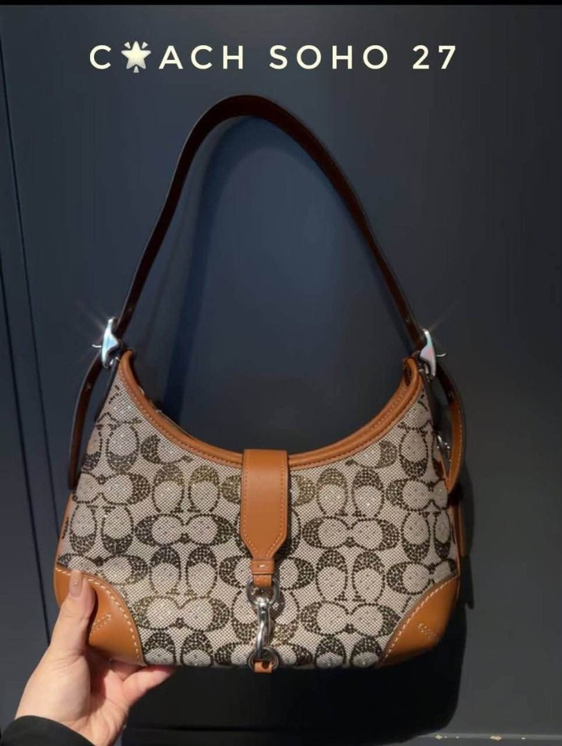 Hamptons Crystals Coach (Category: Shoulder Bags) located in Manila. Submitted by liahsells (Listing ID 1466317647, Image 1). Description: - Authentic Coach shoulder bag in signature brown monogram canvas - Embellished all over with tiny crystals for a subtle, elegant shine - Premium smooth tan leather trim and reinforced corners - Silver-tone hardware featuring a stylish front dog leash clasp detail - Comfortable single shoulder strap with adjus