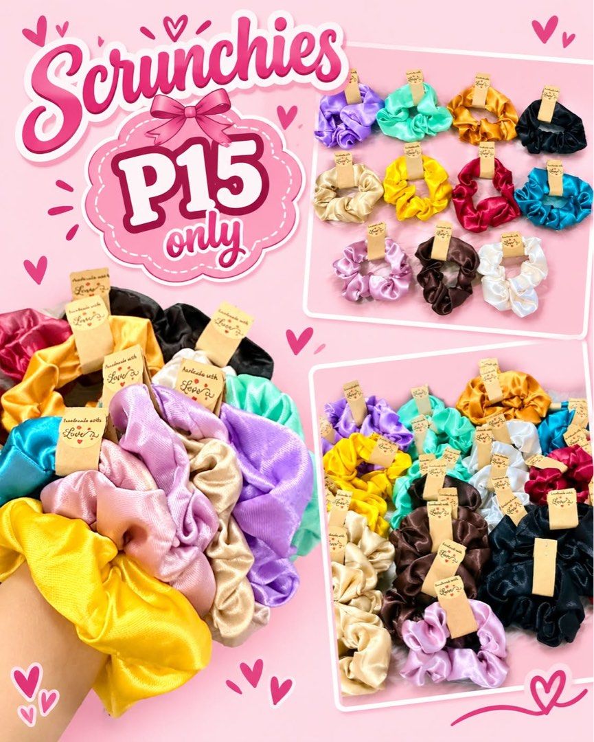 Handmade Silk Satin Scrunchies (Category: Hair Accessories) located in Tarlac. Submitted by ej202177 (Listing ID 1466234662, Image 1). Description: P15 each only Available colors as of today: Black Dark brown Light brown Yellow Mustard Cream Aqua blue Light purple Mint green Maroon/Wine red Location: Tarlac .