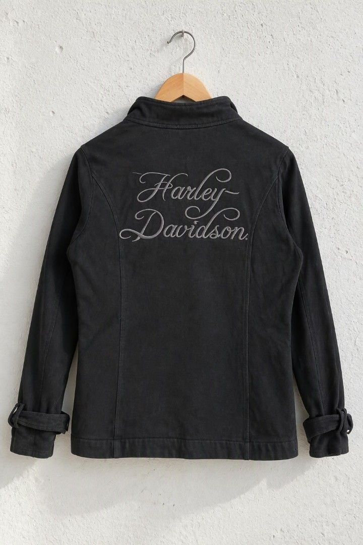 Harley Davidson jacket (Category: Coats, Jackets and Outerwear) located in Baguio. Submitted by luxeloomarchive (Listing ID 1466172387, Image 2). Description: Harley-Davidson (Genuine Motor Clothes) ​Description: Authentic Harley-Davidson Double-Breasted Knit Peacoat Jacket. Features double-breasted button closures, side pockets, buckle cuff details, embroidered front H-D logo, and full Harley-Davidson back embroidery. ​Measurements: 28" Length x