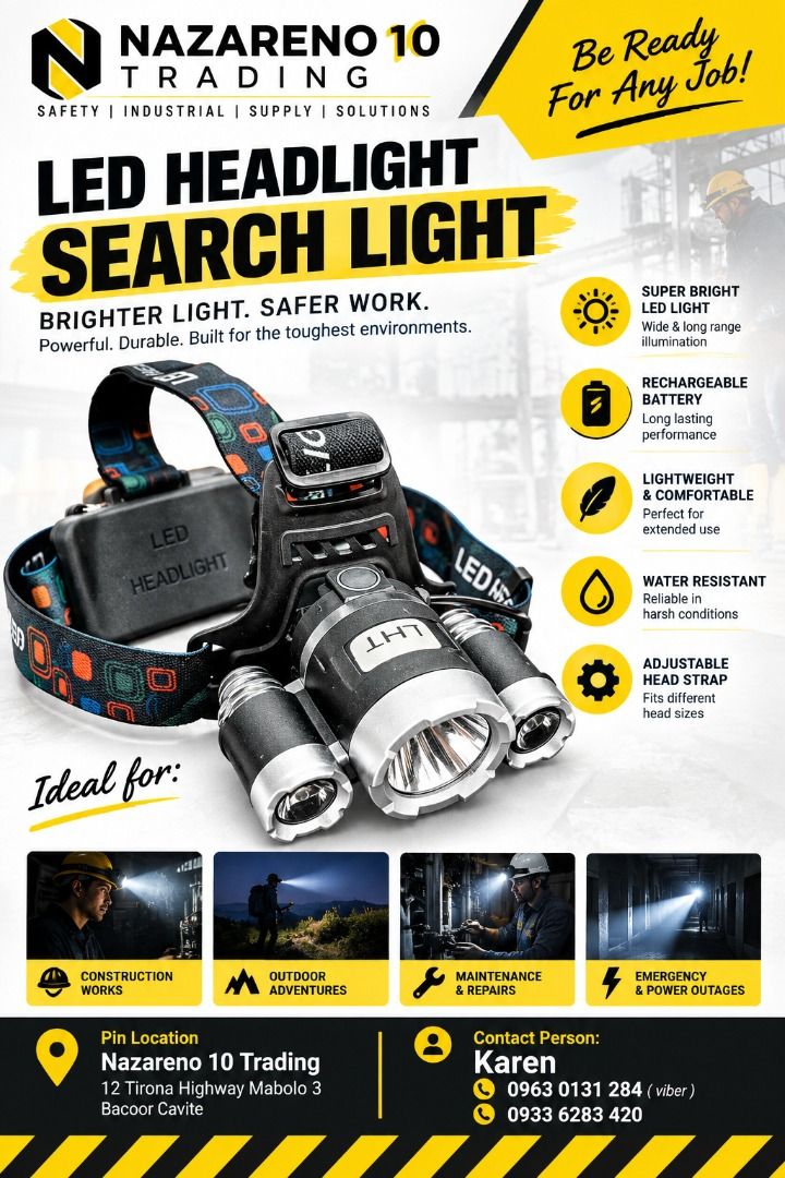 HEAD LIGHT SEARCH LIGHT (Category: Looking For) located in Bacoor. Submitted by kajezame.2021 (Listing ID 1466224696, Image 1). Description: HEAD LIGHT SEARCH LIGHT For More Details and Discount Contact Ms. Karen NAZARENO 10 TRADING 0963 0131 284 0933 6283 420 0956 7028 557 0933 8559 510 Landline: Look for Ms. Karen (046 ) 416 3920 Also available: • Traffic cone • Parking Block stopper • Hooded trash bin • Road Plastic Barrier • Spill boom • Fish