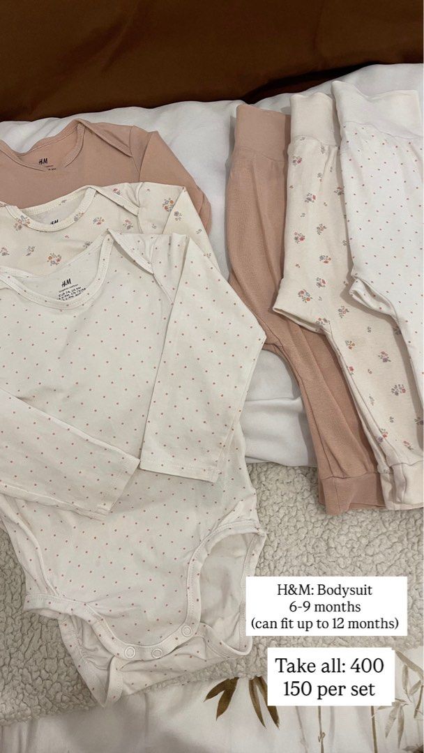 H&M Bodysuit (Category: Babies & Kids Fashion) located in Quezon City. Submitted by joyyy_25 (Listing ID 1466212933, Image 1). Description: 6-9 months (can fit upto 12 months) 150 per set Take all 400.