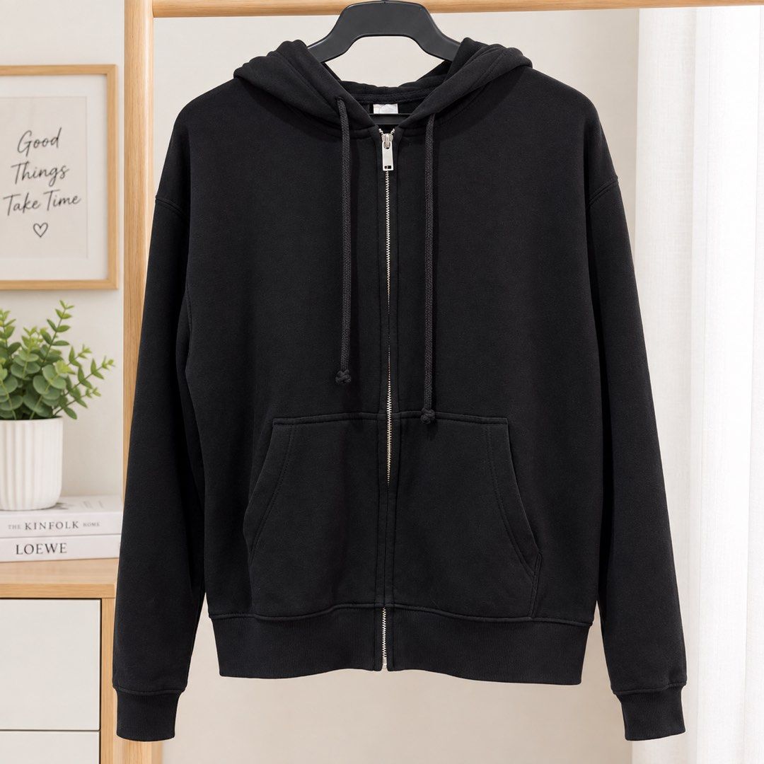 H&M Divided Basic Black Zip-up Hoodie (Category: Coats, Jackets and Outerwear) located in Marikina City. Submitted by preloved_n_reloved (Listing ID 1466240188, Image 1). Description: - Brand: H&M Divided Basic - Size: XS - Color: Solid Black - Features: Full front zipper, adjustable drawstrings at the hood, two front pouch pockets - Details: Ribbed cuffs and hem.