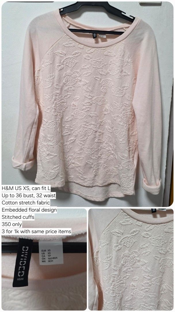 H&M Divided Pink Floral Sweatshirt (Category: Coats, Jackets and Outerwear) located in Pasig City. Submitted by jannetteg (Listing ID 1466218951, Image 1). Description: - Brand: H&M Divided - Color: Pink - Size: Tagged US XS (fits up to L) - Measurements: Up to 36" bust, 32" waist - Material: Cotton stretch fabric with embedded floral design on front - Details: Stitched cuffs - Price: ₱350 only - Promo: Bundle deal available - 3 items for ₱1,000 