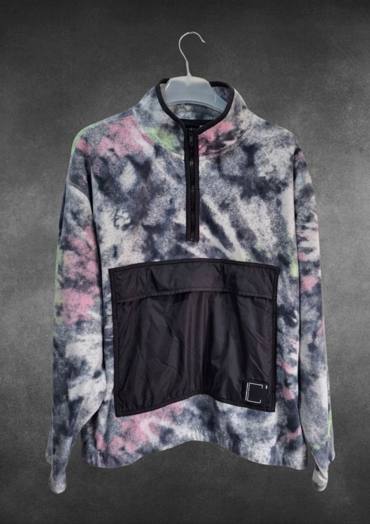 H&M Relaxed Fit Tie-Dye Fleece Pullover Size L (Category: Coats, Jackets and Outerwear) located in Bulacan. Submitted by kei.collections (Listing ID 1466305751, Image 1). Description: - Brand: H&M - Style: Fleece pullover with half-zip closure and relaxed fit - Colorway: Black, white, pink, and lime green tie-dye pattern - Color Rate: 10/10 - Details: Contrast black woven front pouch pocket with a rubberized 'suited for all conditions and environ