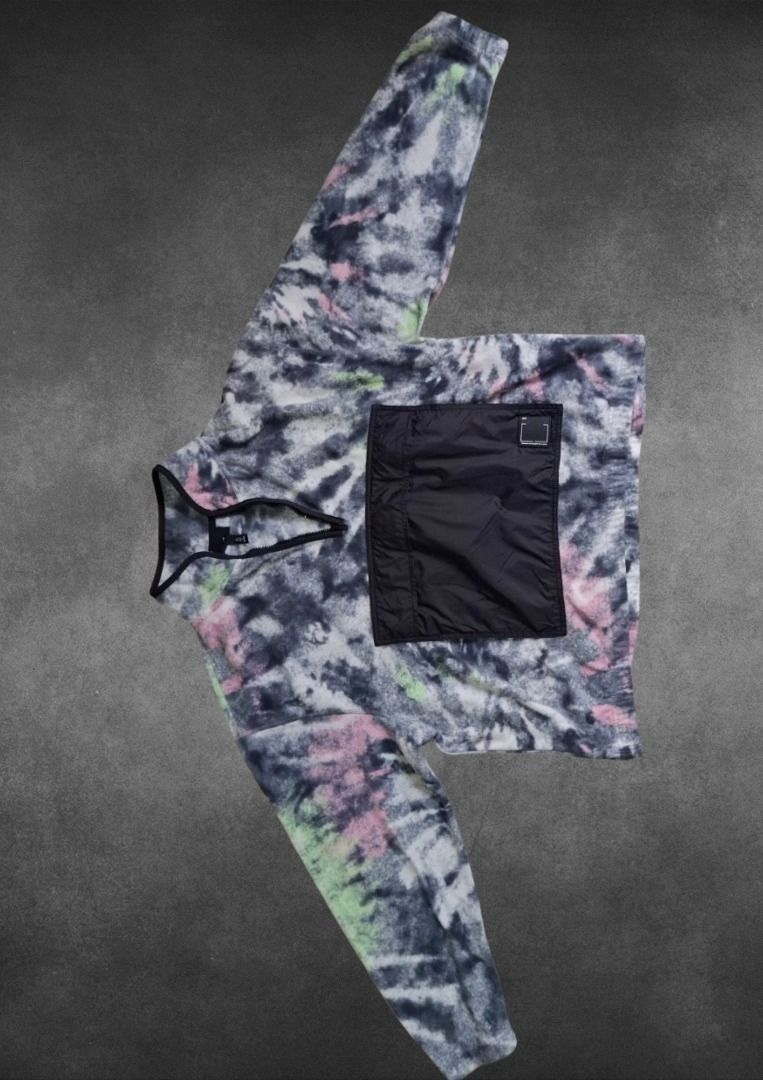 H&M Relaxed Fit Tie-Dye Fleece Pullover Size L (Category: Coats, Jackets and Outerwear) located in Bulacan. Submitted by kei.collections (Listing ID 1466305751, Image 3). Description: - Brand: H&M - Style: Fleece pullover with half-zip closure and relaxed fit - Colorway: Black, white, pink, and lime green tie-dye pattern - Color Rate: 10/10 - Details: Contrast black woven front pouch pocket with a rubberized 'suited for all conditions and environ