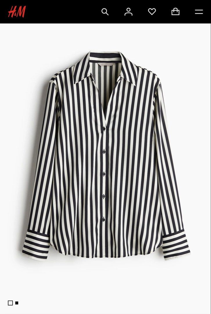 H&M White/Black striped Satin longsleeve (Category: Longsleeves) located in Cavite. Submitted by chicfinds.slay (Listing ID 1466314027, Image 2). Description: ✨ H&M Black and White Striped Button-Down Shirt. It is characterized by its bold vertical monochrome stripes, relaxed fit, classic pointed shirt collar, and long sleeves with vizcose satin texture ✨used once /no flaws ✨bought lastyr dec. ✨rfs: too long for me and purchased it for Christmas 