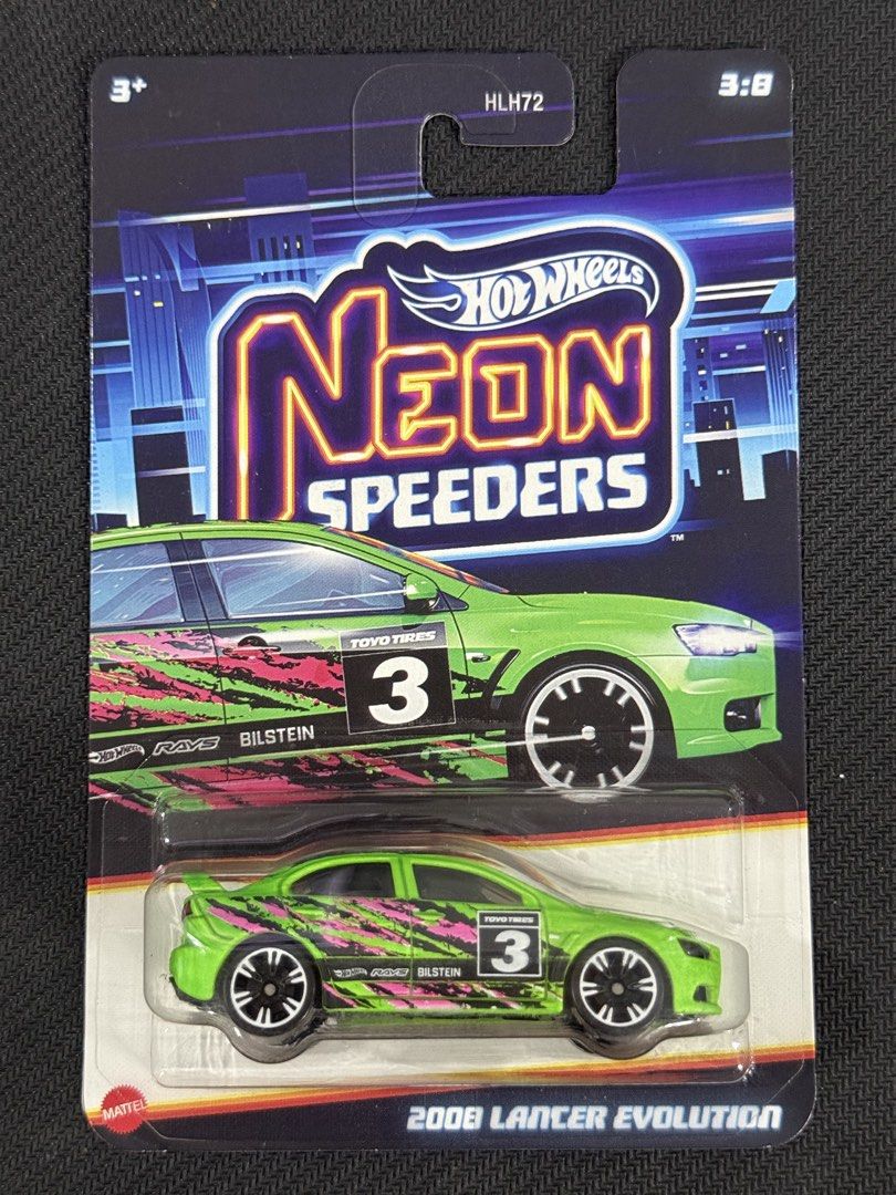 Hot Wheels Neon Speeders 2008 Lancer Evolution (Category: Vehicle & Diecast Models) located in Muntinlupa City. Submitted by eman_garcia_ (Listing ID 1466205381, Image 1). Description: - Brand: Hot Wheels Neon Speeders (3/8) - Model: 2008 Lancer Evolution - Color/Design: Bright green with black and pink graphics - Sponsorships: Toyo Tires, Bilstein, and Rays printed on the side - Wheels: Black with white rims - Condition: Mint, unopened original 