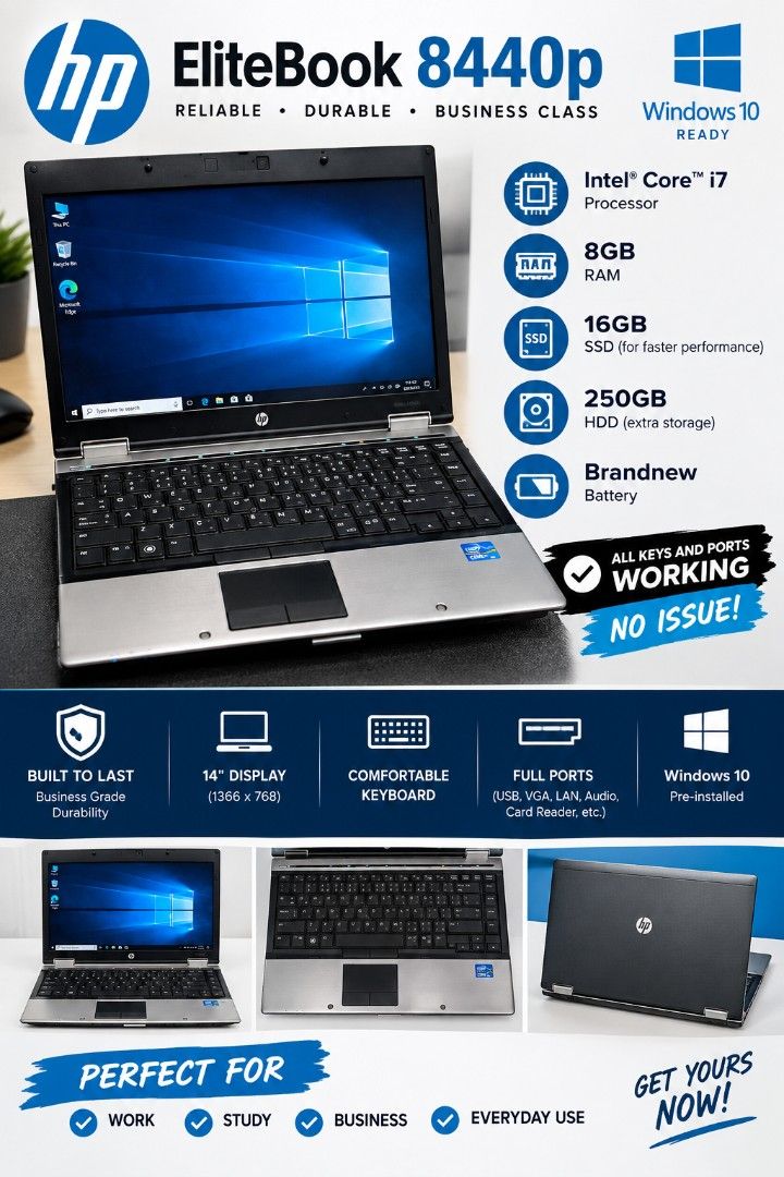 HP Elitebook Laptop Intel Core-i7 (Category: Laptops & Notebooks) located in Taguig. Submitted by wiltech016 (Listing ID 1466293122, Image 1). Description: HP Elitebook 8440p Laptop Windows 10, Intel Core-i7 8GB RAM, 16GB SSD 250GB HDD Brandnew battery with original charger All keys and ports working Aluminum Build Business Grade Durability.