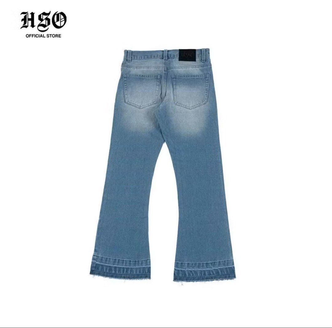HSO Official Store More Life Denim Flared Pants (Category: Jeans) located in Manila. Submitted by ideyapeach69547 (Listing ID 1466256819, Image 2). Description: Light wash denim flared pants from HSO Official Store. Graphic text "MORE LIFE" printed across the front thighs. Whiskering details on upper thighs and bottom hems. Low waist fit with frayed raw hems. Back pockets with branded patch label. Sizing chart included in photos. Grab these trend