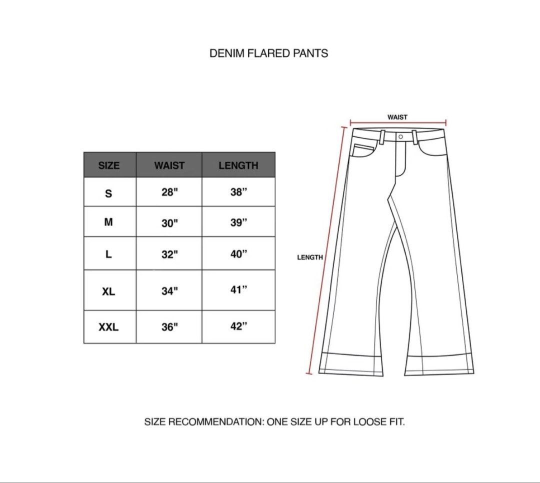 HSO Official Store More Life Denim Flared Pants (Category: Jeans) located in Manila. Submitted by ideyapeach69547 (Listing ID 1466256819, Image 3). Description: Light wash denim flared pants from HSO Official Store. Graphic text "MORE LIFE" printed across the front thighs. Whiskering details on upper thighs and bottom hems. Low waist fit with frayed raw hems. Back pockets with branded patch label. Sizing chart included in photos. Grab these trend