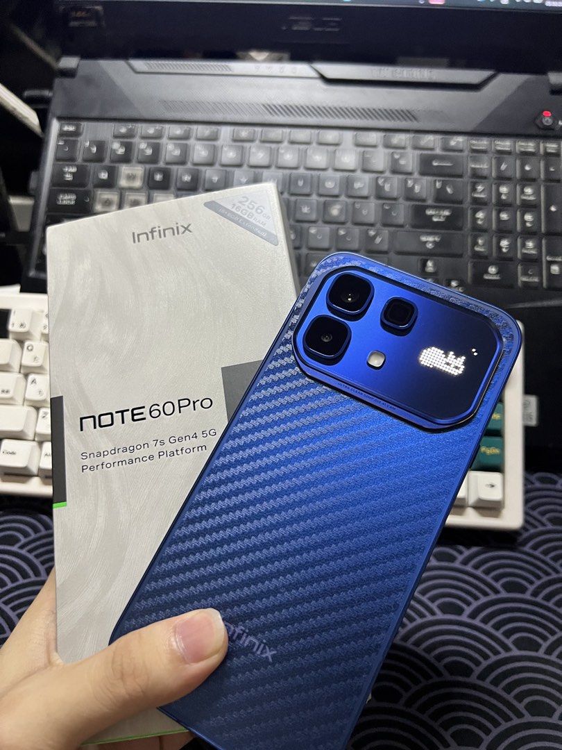 Infinix Note 60 Pro 8/256 GB (Category: Android Others) located in Manila. Submitted by l4ncedeleon (Listing ID 1466195814, Image 1). Description: - Brand: Infinix Note 60 Pro (Blue, Carbon Fiber design) - Storage/RAM: 256GB ROM / 8GB RAM (+8GB Extended RAM) - Processor: Snapdragon 7s Gen 4 5G Performance Platform - Condition: Excellent / Pre-loved, looks new with original retail box - Features: Ultra clear 50MP OIS AI camera setup, JBL sound, sl