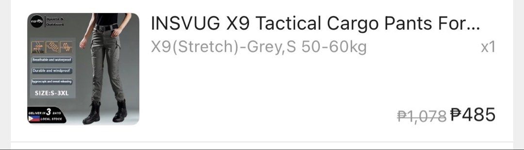 INSVUG Cargo/Hiking Pants Grey Size S (Category: Hiking & Camping) located in Makati City. Submitted by angel64119 (Listing ID 1466212326, Image 3). Description: - Brand/Model: INSVUG X9 Tactical Cargo Pants - Color: Grey - Orig price: 485php - Size: S (Best fit for 50 to 60kg) - Condition: Worn once, practically brand new, clean and ready to wear - Material & Tech: Stretchable, breathable, waterproof, durable, and windproof fabric - Features: Mu