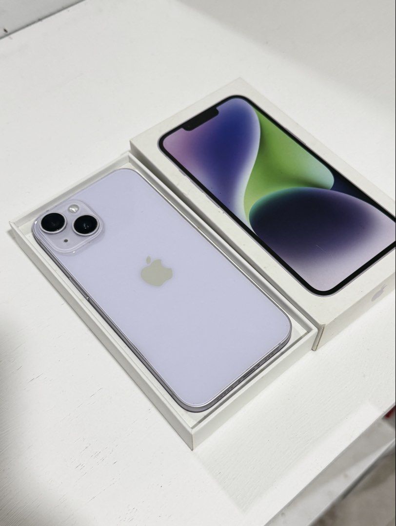 Iphone 14 256GB (Purple) (Category: iPhone 14 Series) located in Urdaneta. Submitted by jullianneysabella (Listing ID 1466312918, Image 2). Description: -256 GB -76% BH -Minor dents -No orig charger and box included (Box has stains on it but I can bring if needed) (Replacement charger BAVIN brand) -No issues and no repair history.