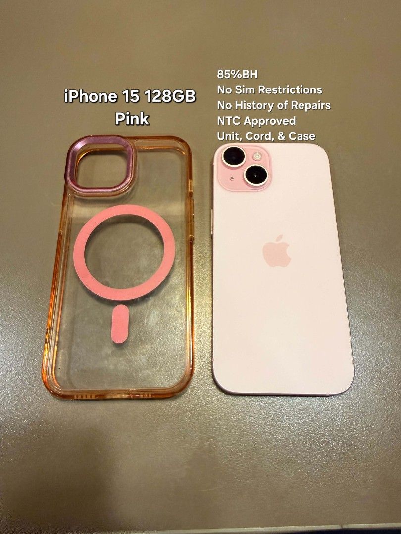 iPhone 15 128GB Pink (85%BH) NTC (Category: iPhone 15 Series) located in Quezon City. Submitted by ibargaintolive (Listing ID 1466206787, Image 1). Description: CAN DO MEETUPS/LBC/GRAB/LALAMOVE 👋 With 1-Week Personal Warranty. I offer a 1-Week Money-Back Guarantee if you experience any unexpected issues. Swapping Price is higher than Selling Price. FIXED PRICE!!! Details: 💰 Price: Php 24,000 (Fixed Price) 📲 Model: iPhone 15 128GB 🎨 Color: Pin