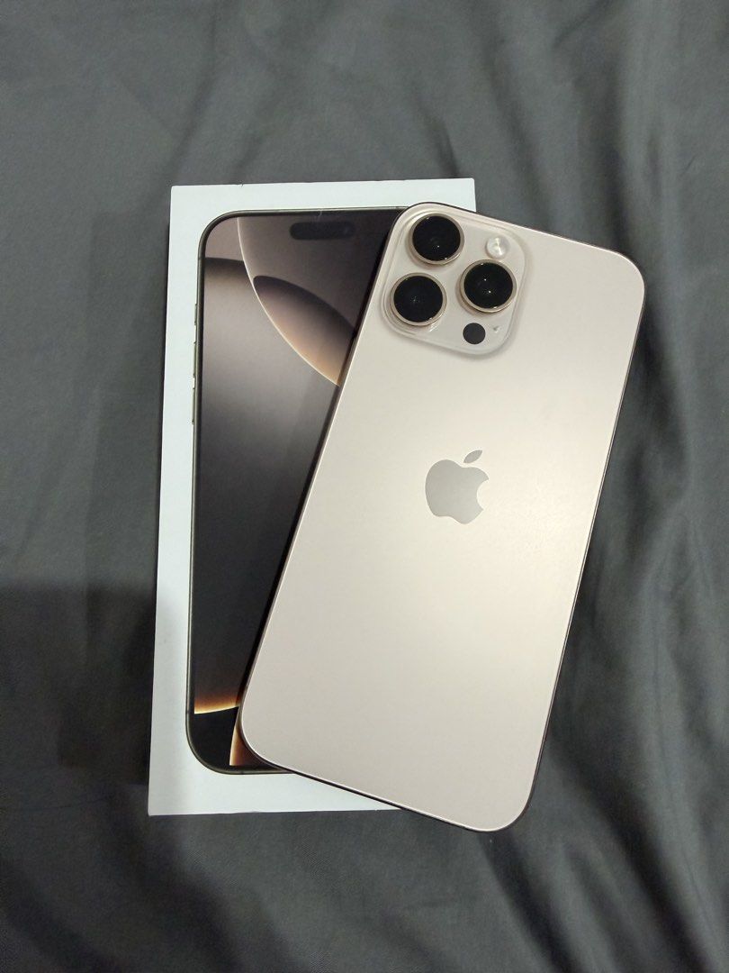 iPhone 16 Pro Max 256gb (Category: iPhone 16 Series) located in Pasig City. Submitted by justforfun-collectibles (Listing ID 1466281934, Image 1). Description: FOR SALE iPhone 16 Pro Max 256gb Desert Titanium 100% smooth, no dents/scratches No issues, 100% working 88% battery health With screen protector With box Location: Pasig RFS: Upgrade.