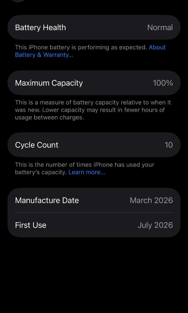 Iphone 17 256gb Sage Green (Category: iPhone 17 Series) located in Manila. Submitted by chashash (Listing ID 1466241067, Image 3). Description: Under warranty until July 2027 11 Cycle Counts Rfs: need funds 100% batteryhealth with box, case, and cord.