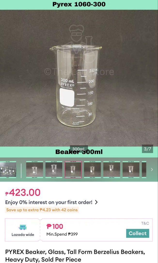 Iwaki Pyrex 300ml Glass Beaker (Category: Water Bottles & Tumblers) located in Manila. Submitted by foundhouseph (Listing ID 1466322120, Image 3). Description: - Authentic Iwaki Pyrex glass beaker - Last Price: 125php - 300ml capacity with clear graduation marks - Includes a white marking spot for easy labeling - Excellent, clean condition with no cracks or chips - Versatile for science experiments, mixing liquids, or kitchen use.