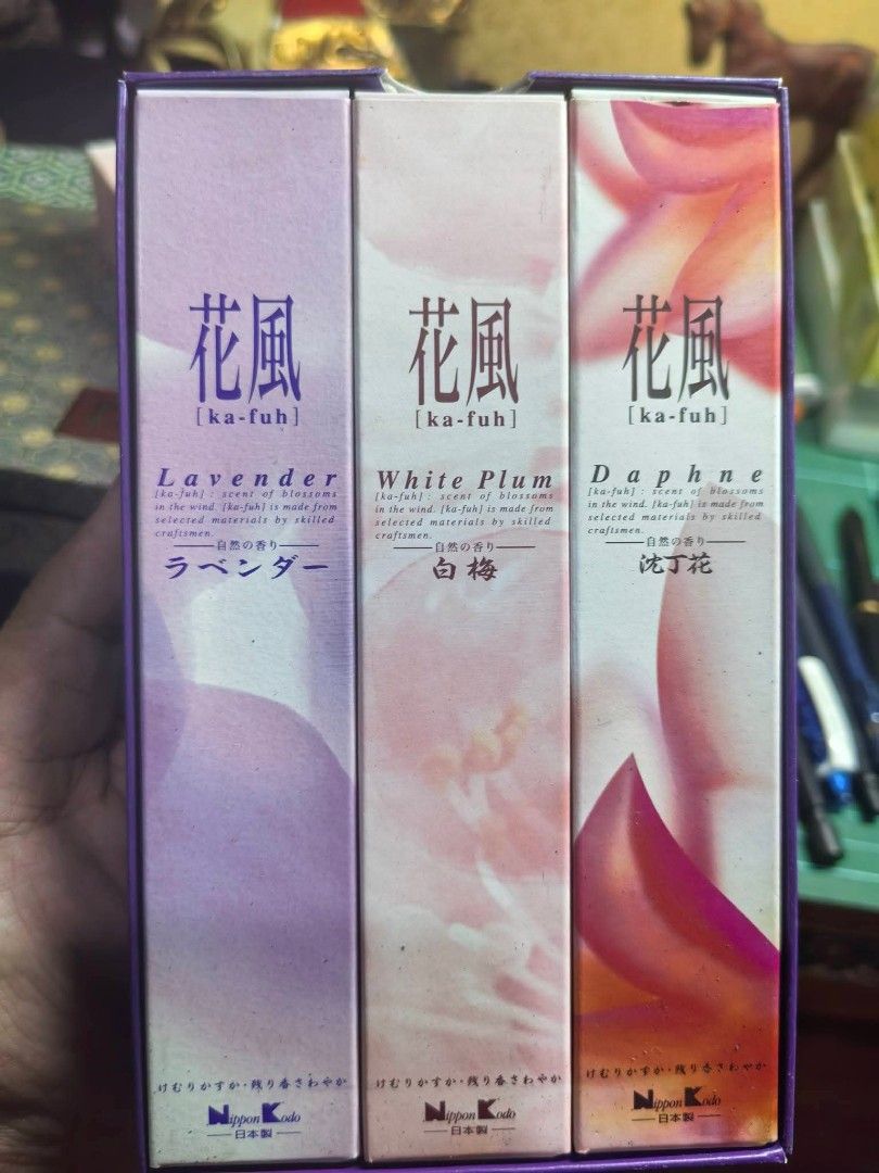 Japanese Incense Sticks Set (Category: Home Fragrance) located in Cebu City. Submitted by dudes_villanueva (Listing ID 1466289803, Image 1). Description: Ko - Assorted 3 Scents 📌 Nippon Kodo Ka-fuh 3-fragrance Japanese incense gift set featuring Lavender, White Plum, and Daphne. 📌 This is super Mabango. Floral Scent. Pang relax..