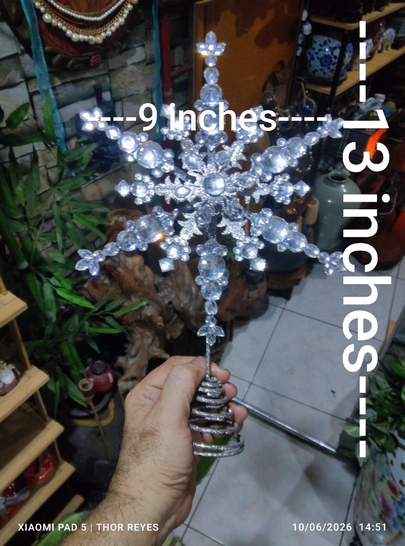 Jeweled Snowflake Christmas Tree Topper (Category: Other Home Decor) located in Valenzuela. Submitted by mighthor0526 (Listing ID 1466214460, Image 2). Description: Measurements on photos provided Good as new, no issue Payment thru Gcash or Abono by Lalamove rider Delivery by rider or shipping will be shouldered by the buyer Pm me if interested .
