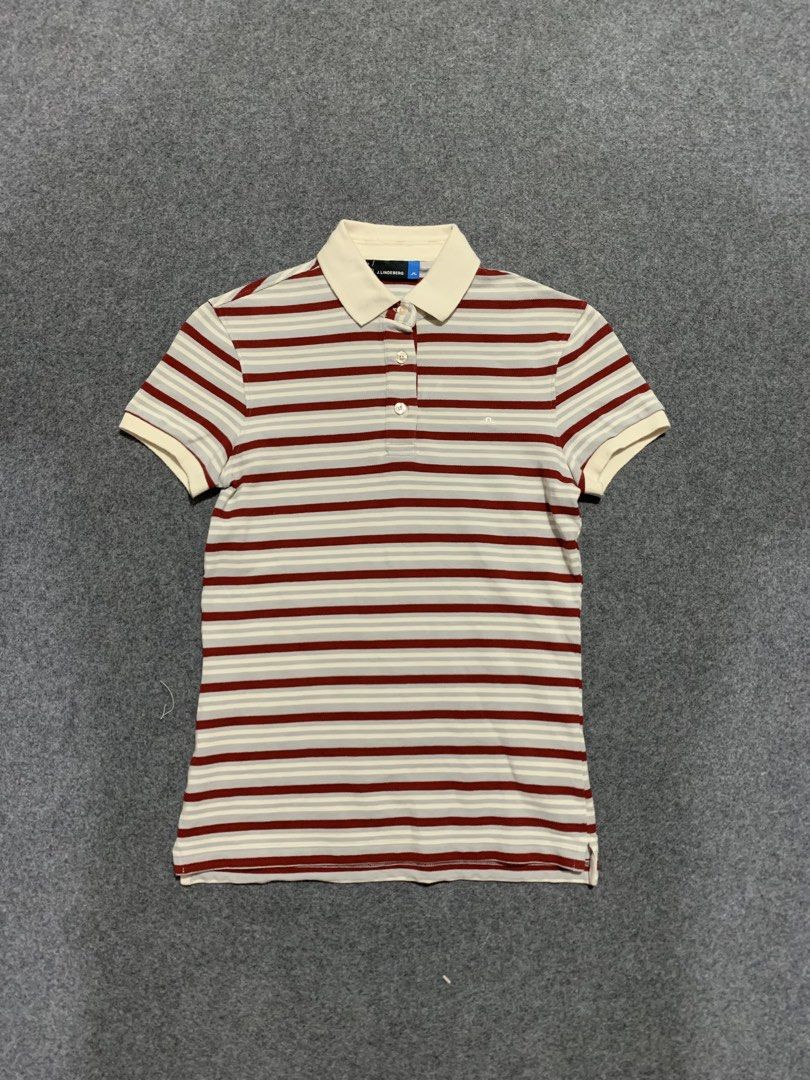 j.lindeberg Patsy 2.0 Field Stripe Polo Shirt (Category: Tshirts & Polo Shirts ) located in Cebu City. Submitted by ninyothrift (Listing ID 1466304901, Image 1). Description: - Brand: J.Lindeberg (Patsy 2.0 Field Stripe) - Size: S - Material: 100% Cotton, Made in Turkey - Design: Red, white, and grey horizontal stripes with contrasting white collar and 3-button placket - Branding: Small embroidered bridge logo on the chest - Condition: Excellent,