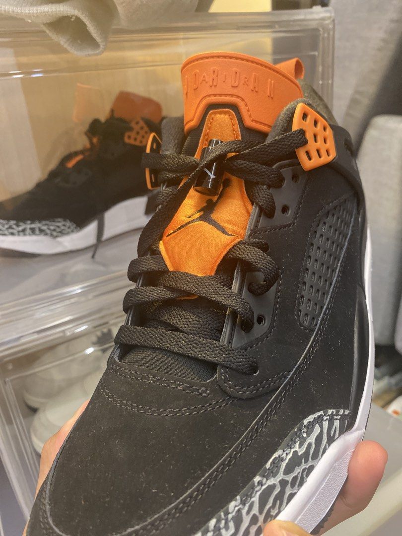 Jordan Spizike Low Black Orange (Category: Sneakers) located in Manila. Submitted by homefindsbyalex (Listing ID 1466300159, Image 2). Description: - Eye-catching black and orange colourway - Iconic elephant print panels on toe and heel - Premium suede upper construction with breathable mesh side panels - Classic lace lock on the front featuring the Jumpman logo - Clean white midsoles for a standout look - Perfect addition to any sneaker collecti
