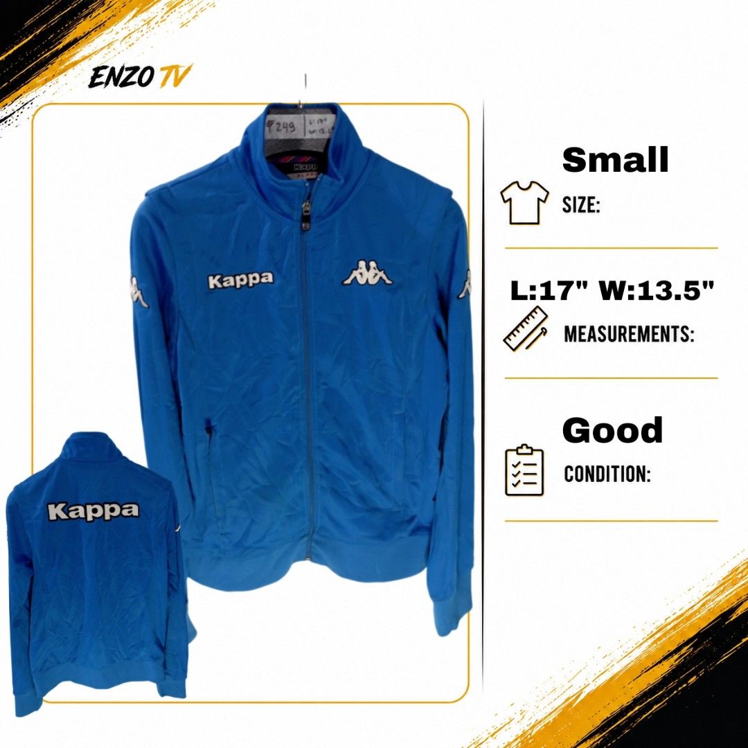 Kappa Blue Track Jacket (Category: Coats, Jackets and Outerwear) located in Rodriguez. Submitted by enzo.tv (Listing ID 1466324753, Image 1). Description: - Brand: Kappa - Color: Bright blue - Size: Small (Length: 17", Width: 13.5") - Design: Classic logo on right chest, Omini logo on left, large Kappa lettering on back - Features: High collar, full zip closure, ribbed cuffs and hem, practical zipped side pockets - Condition: Excellent.