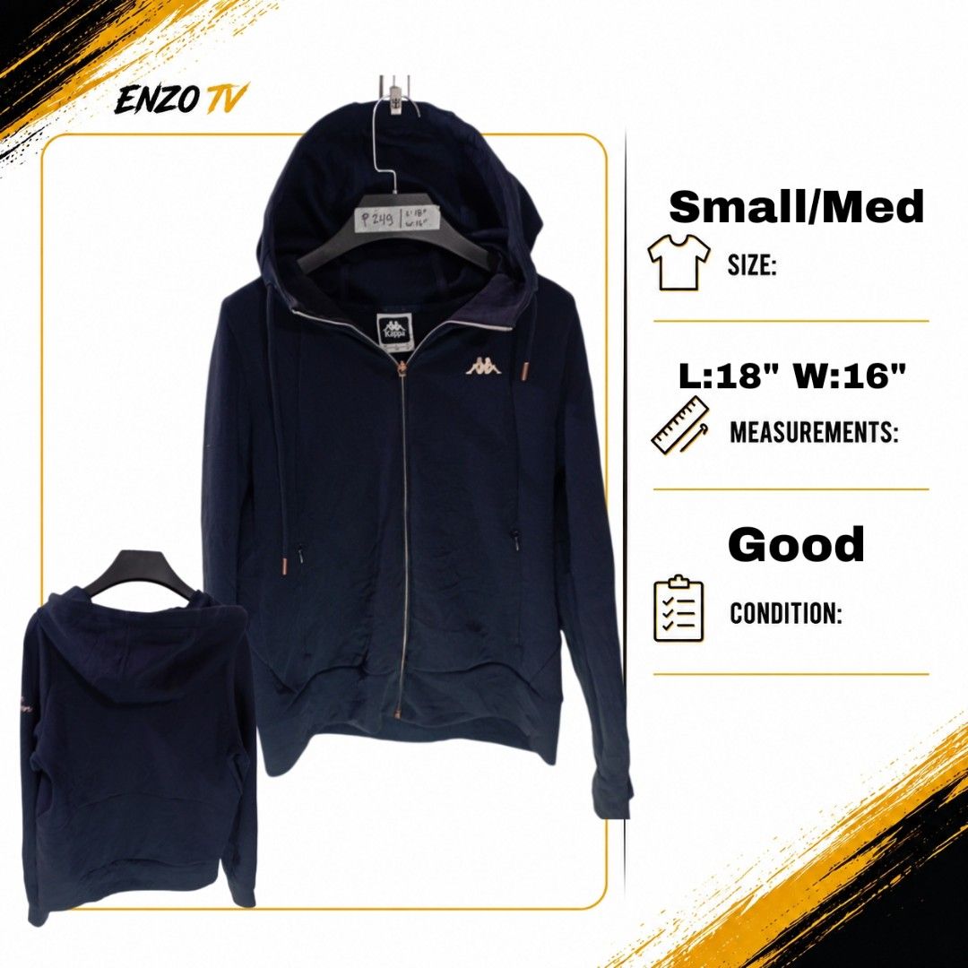 Kappa Navy Blue Zip-Up Hoodie (Category: Coats, Jackets and Outerwear) located in Rodriguez. Submitted by enzo.tv (Listing ID 1466325868, Image 1). Description: - Brand: Kappa - Color: Navy blue - Details: Rose gold zipper, drawstring tips, chest logo, and sleeve cursive text - Measurements: 18 inches length, 16 inches width - Condition: Great everyday piece, easy to style.