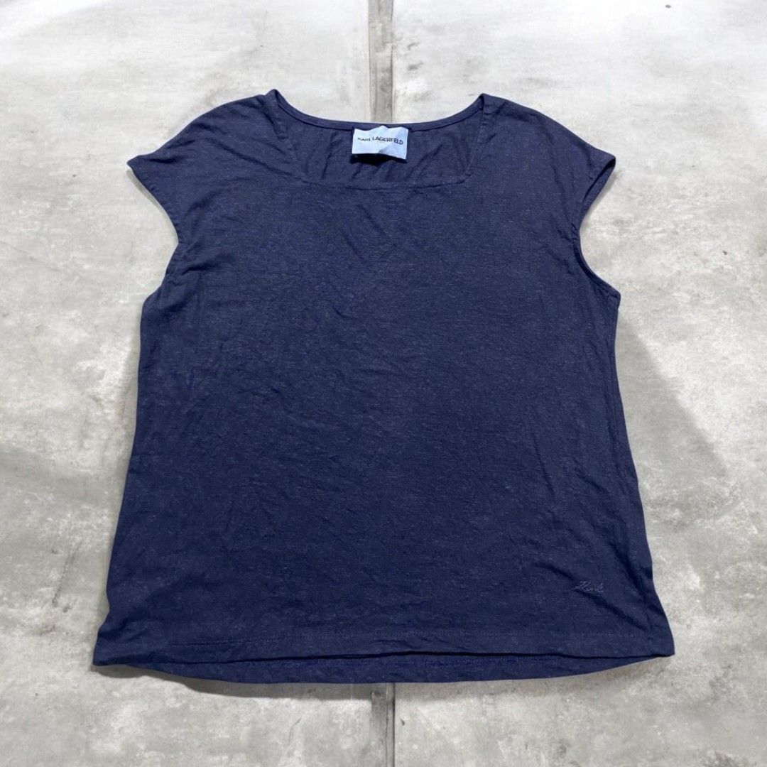 Karl Lagerfeld square-neck capped sleeve top. (Category: Shirts) located in Sindangan. Submitted by barak_ukay (Listing ID 1465910322, Image 1). Description: dark navy blue No issue Good condition Dimes-22x19.
