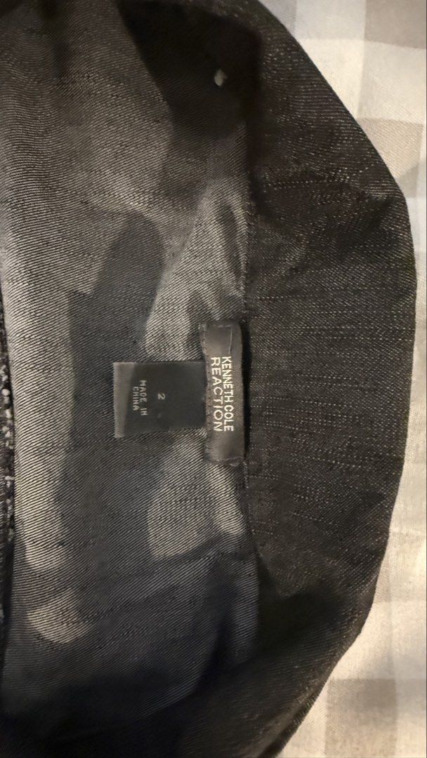 Kenneth Cole Reaction Black Denim Blazer Size 2 (Category: Coats, Jackets and Outerwear) located in Muntinlupa City. Submitted by addielejano (Listing ID 1466267540, Image 3). Description: - Brand: Kenneth Cole Reaction - Style: Dark wash black denim blazer / jacket - Size: Tag 2 - Details: Lapel collar, 3-button front closure, front flap pockets - Sleeves: Short rolled-up sleeves - Interior: Unlined with contrast stitching - Condition: Great cas