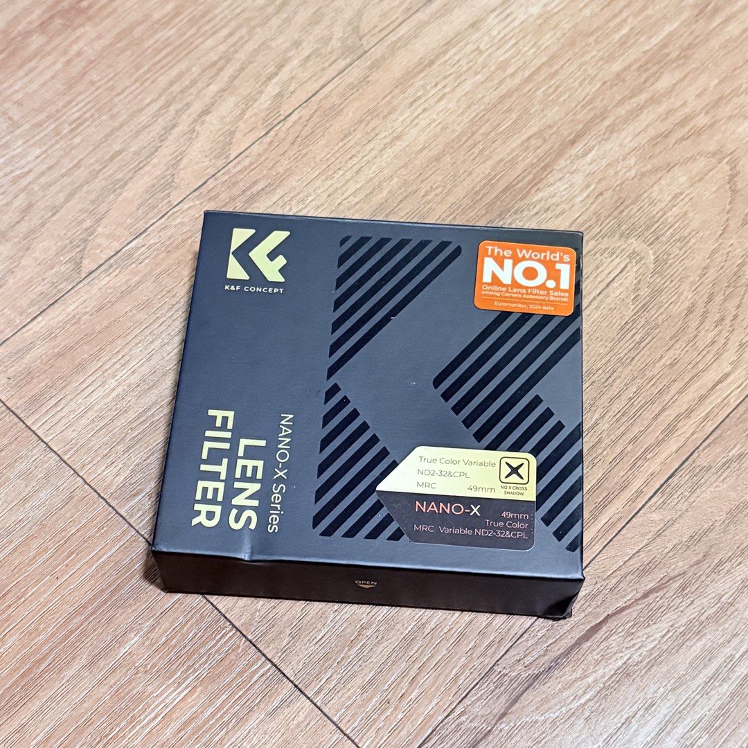 K&F Concept 49mm True Color Variable ND2-32 & CPL Filter (Category: Lens & Kits) located in Paranaque City. Submitted by qwerein (Listing ID 1466203667, Image 2). Description: - Brand: K&F Concept Nano-X Series - Size: 49mm thread - Type: 2-in-1 Variable ND2-32 & CPL filter - Quality: True colors with zero color shift and no cross-polarization issue - Inclusions: Original box and leather storage pouch.