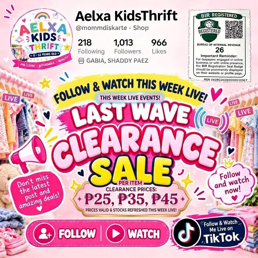 KIDSWEAR FROM US BALE (Category: Announcements) located in Lucena. Submitted by paezshaddy (Listing ID 1466165067, Image 1). Description: 🚨LAST WAVE CLEARANCE SALE🚨 Dito sa mismong link 👇 tiktok.com/@mommdiskarte ‼️Abangan this week‼️ 🌈Kidswear from US BALE for as low as ₱25, ₱35, & ₱45 all items🌈 ➡New followers get ₱5 off! Follow & watch us live! 🛒👶 #preloved #foryoupage #kidswear #baby #ukayukay.
