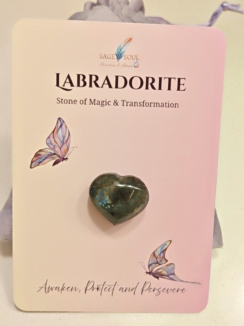 Labradorite Heart Stone (C) (Category: Precious Stones) located in Manila. Submitted by sagesoulscribblesstones (Listing ID 1466179537, Image 3). Description: ✨ Awaken Your Magic: Natural Labradorite Pocket Hearts ✨ Bring home the Stone of Magic & Transformation! Each of these gorgeous Labradorite hearts flashes with mesmerizing chatoyant colors and comes beautifully mounted on custom backing cards ("Awaken, Protect and Persevere"), making them c
