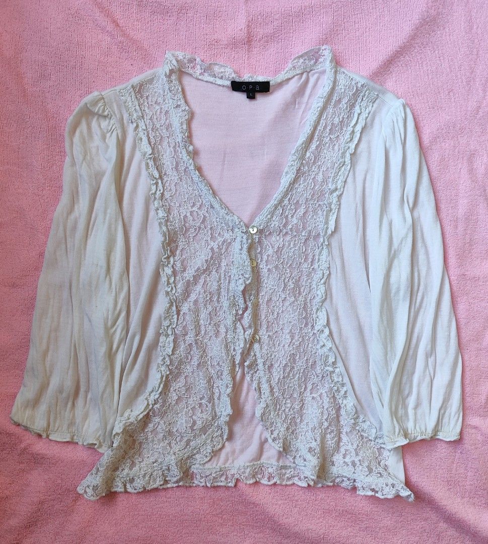 Lace Cardigan (Category: Coats, Jackets and Outerwear) located in Mandaluyong City. Submitted by luxienn (Listing ID 1466181473, Image 1). Description: White Lace Cardigan Half Sleeves Size L was tagged in collar but in reality it's size S to M.