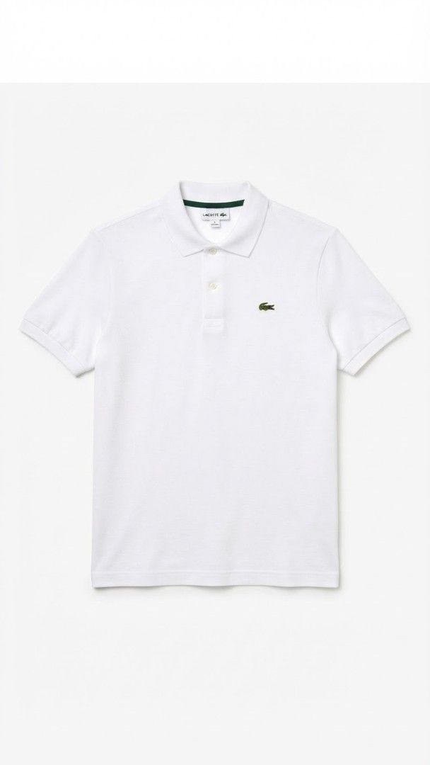 Lacoste Classic White Polo Shirt (Category: Tshirts & Polo Shirts ) located in Davao. Submitted by _jetnest25 (Listing ID 1466217648, Image 1). Description: - Brand: Lacoste - Color: Clean solid white with green inner neckline trim - Style: Short sleeve polo shirt with classic collar and two-button placket - Detailing: Iconic green embroidered crocodile logo on the left chest, ribbed cuffs and hem - Versatility: Perfect staple piece for casual an