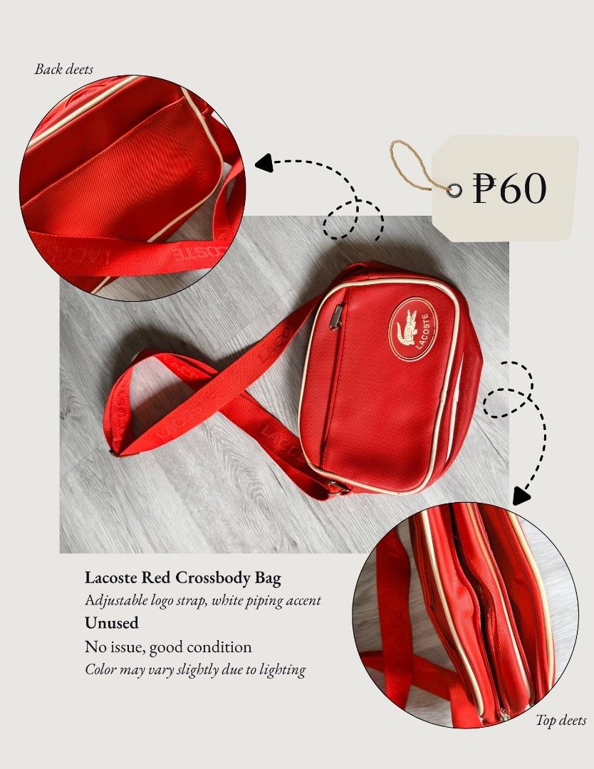 Lacoste Red Crossbody Bag (Category: Cross-body Bags) located in Imus. Submitted by calmwolf_b9c1c6 (Listing ID 1466223735, Image 1). Description: - Adjustable strap featuring the iconic Lacoste branding - Stylish contrast white piping along the edges - Secure multiple compartments with smooth zipper closures - Classic oval embroidered logo patch on the front - Clean interior and exterior, ready to use out of the box.