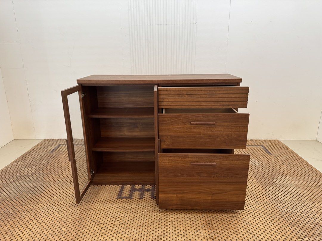 Lateral Cabinet (Category: Shelves, Cabinets & Racks) located in Quezon City. Submitted by matetdevis13 (Listing ID 1466277698, Image 2). Description: Wooden 2-Glass Door, 3-Tier Drawer Lateral Cabinet Price: 8,500 L47.5 x W16 x H35.5 In good condition Code JMD24-M512.